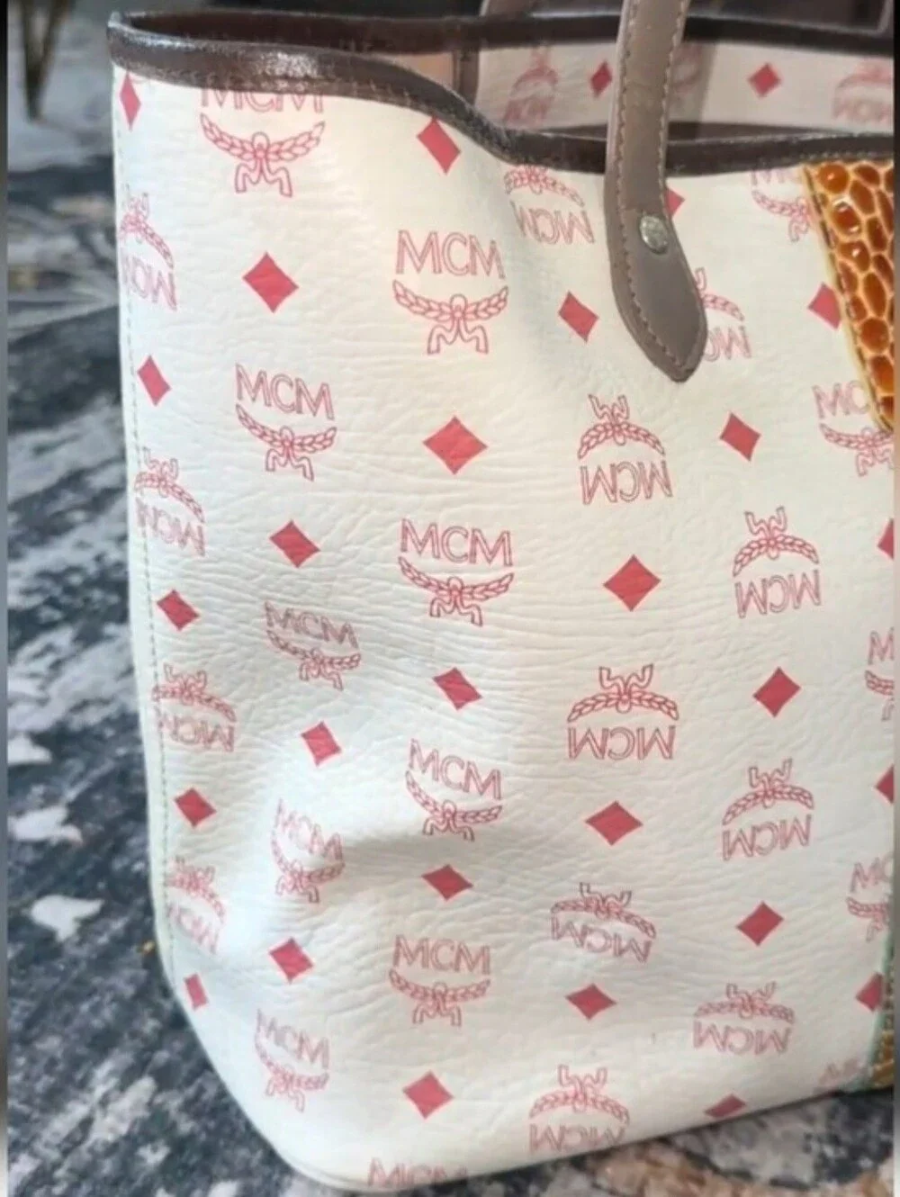 MCM White Pink Logo Canvas Tote with Multicolor Accent Stripes